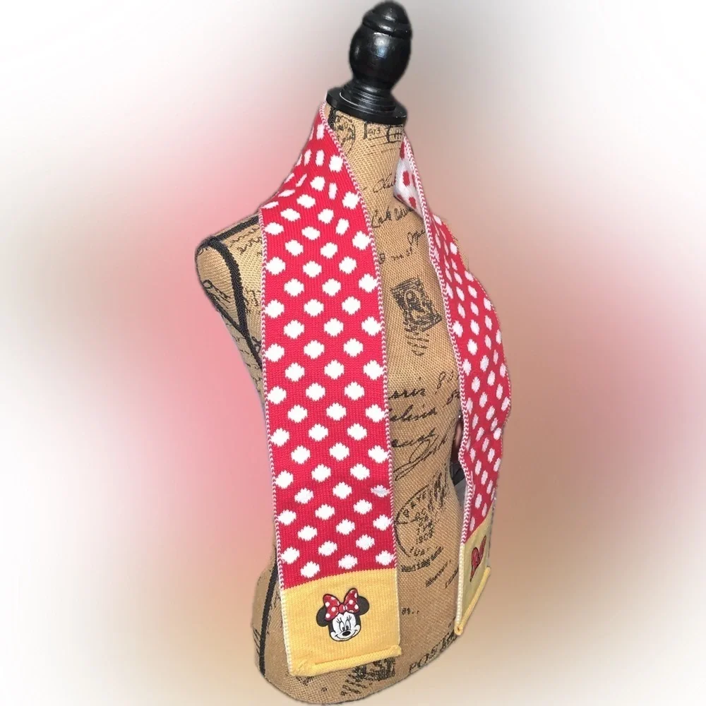 Disney Minnie Mouse Knit Patch Embellished Embroidered Polka Dot Winter Scarf